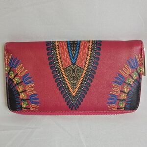 Dashiki African Print Zip Wallet, Gold Tone Hardware